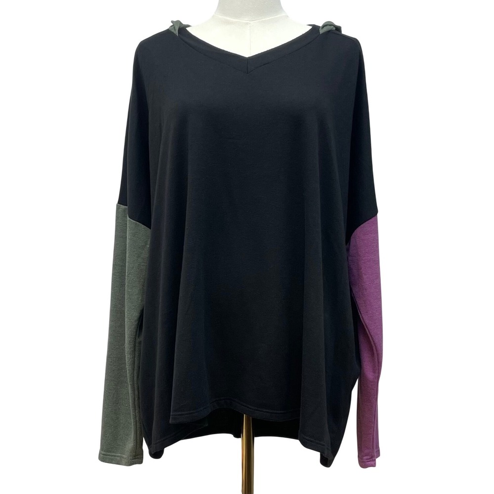 White Birch Hooded Tunic Top Womens L Black Purple Olive Green Colorblock Hoodie